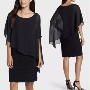 Adrianna Papell Dress Womens 8 Black Asymmetric Chiffon Overlay Capelet Sheath
